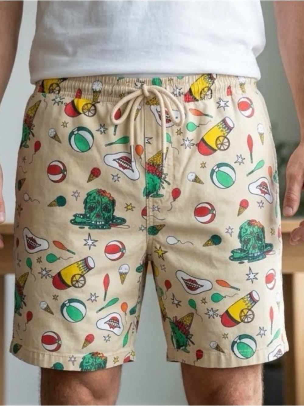 Forever 21 Men Zombie Circus Carnival Drawstring Shorts Tan Size XL (19" Waist)